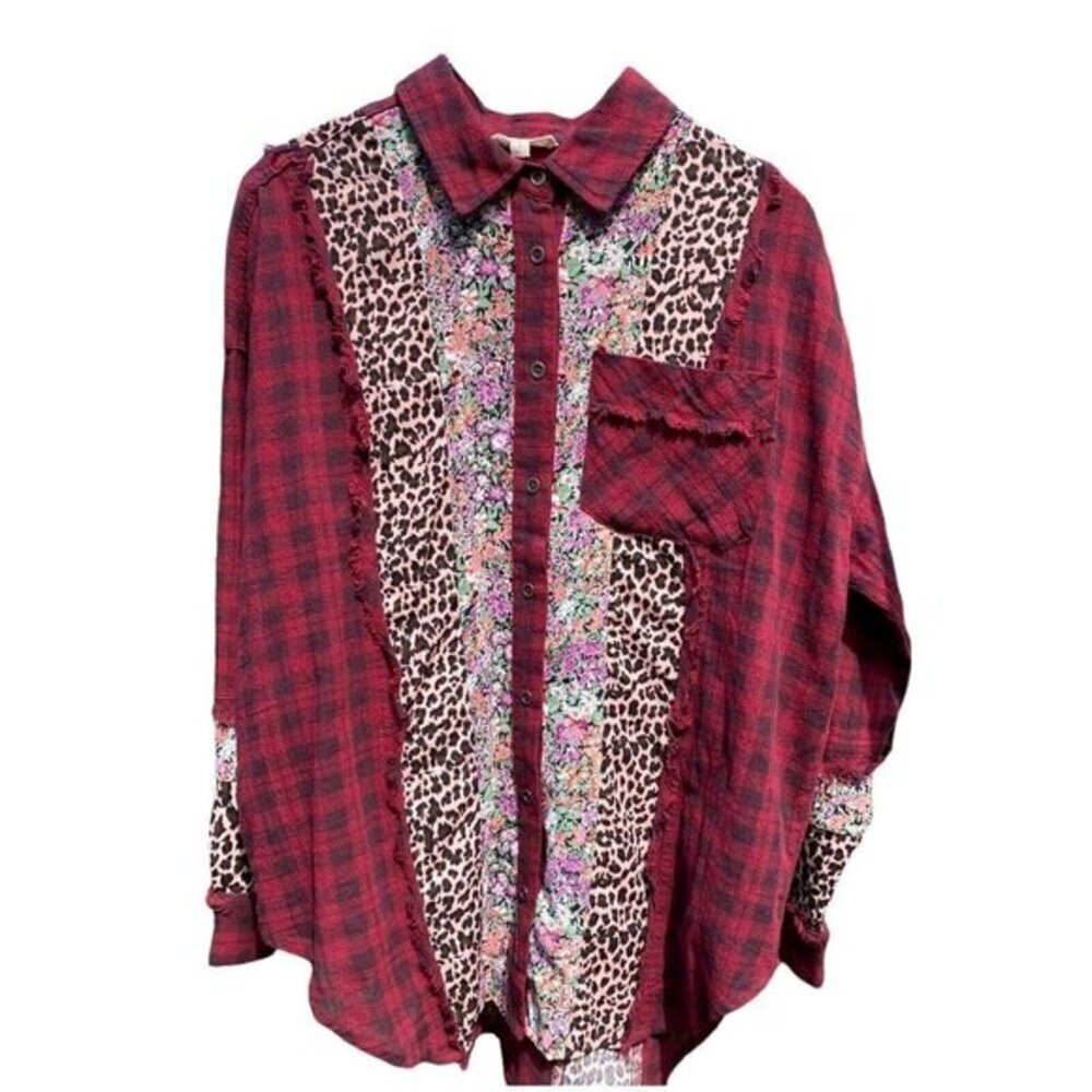 Oddy Womens Small Red Plaid Floral Animal Print Blouse - Picture 2 of 12